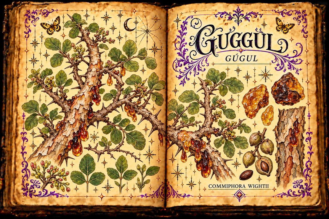 Open aged-parchment grimoire illustration of guggul, Commiphora wightii, with thorny branches, leaves, fruit and resin tears
