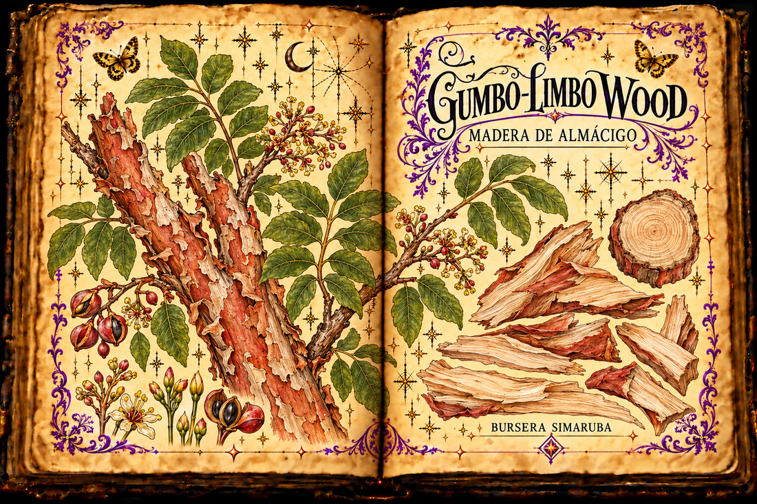 Open aged-parchment grimoire illustration of gumbo-limbo peeling bark, leaves, fruits, and cut wood pieces, titled Gumbo-Limbo Wood / Madera de Almácigo.
