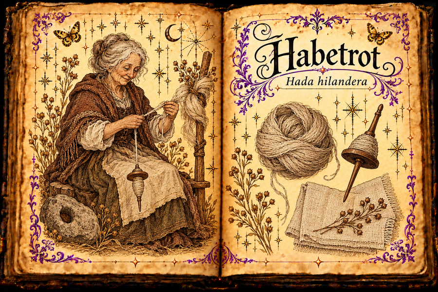 Open parchment grimoire titled Habetrot / Hada hilandera, showing an elderly spinner, distaff, spindle, yarn and linen with purple flourishes and gold butterflies.