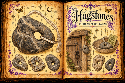 Open parchment grimoire titled Hagstones and Piedras perforadas, with naturally holed pebbles, a cottage door and a tabletop charm dish.