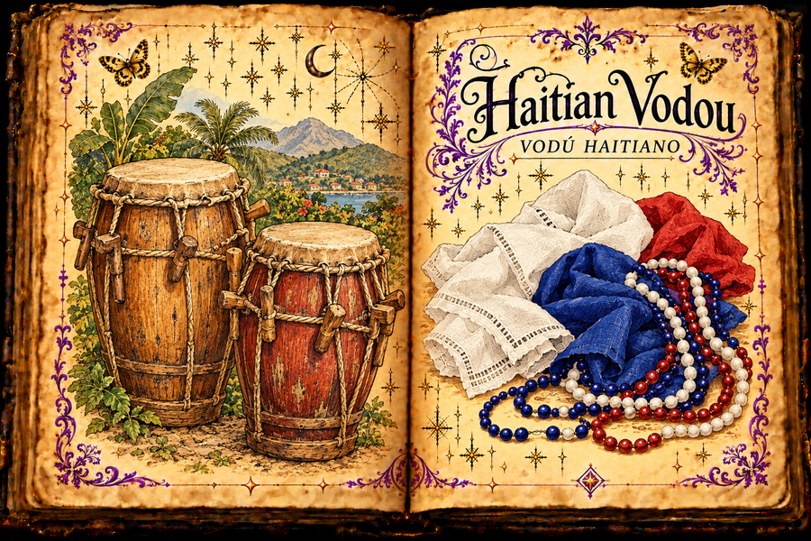 Open aged grimoire titled Haitian Vodou and Vodú haitiano, showing wooden peg-tuned drums, a Haitian landscape vignette, folded cloth and beads, with purple flourishes and small gold butterflies.