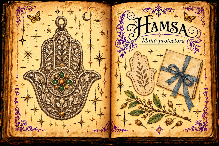 Open parchment grimoire showing a silver hand-shaped amulet, a paper hand, a ribbon-tied card and decorative sprig, titled Hamsa / Mano protectora.