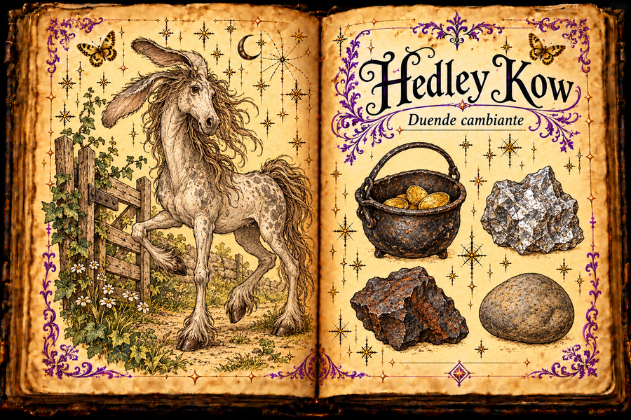 Open parchment grimoire titled Hedley Kow / Duende cambiante, showing a long-eared horse-shaped sprite and studies of a gold-filled pot, silver, iron and a stone.