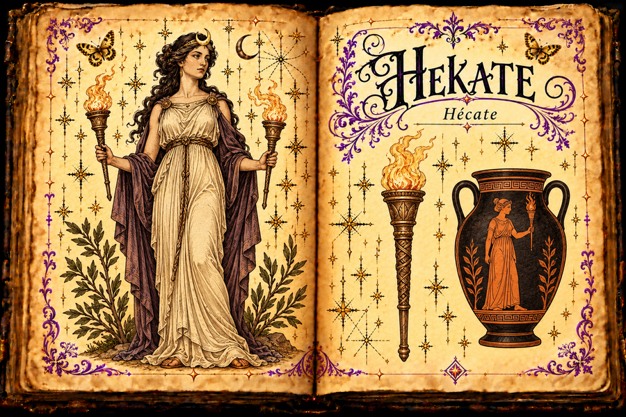 Open aged grimoire showing Hekate in Greek drapery holding two torches, with torch and vase studies and the titles Hekate and Hécate.