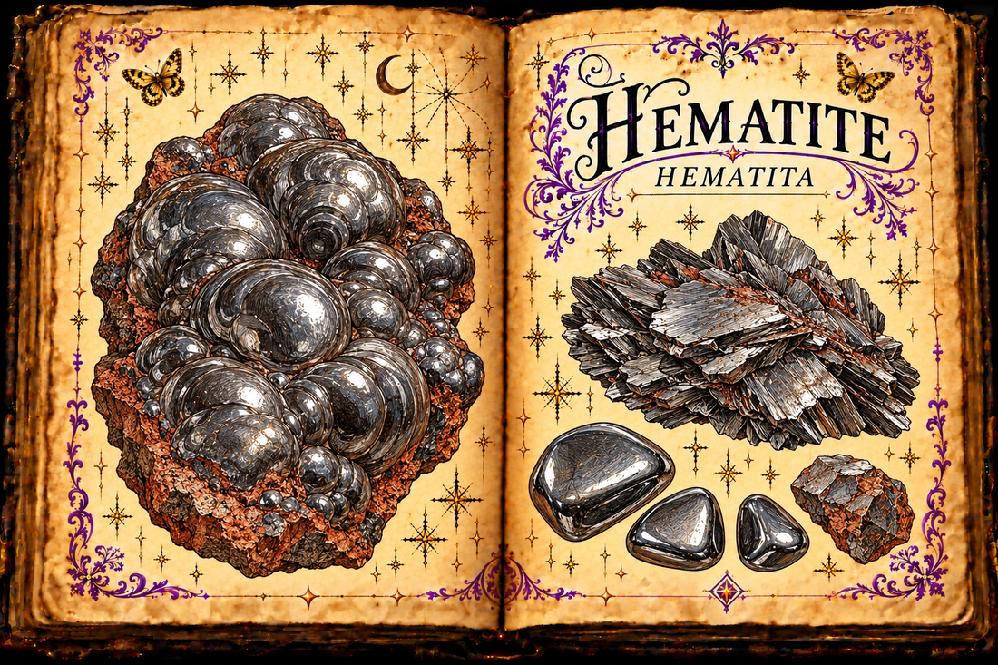 Open aged-parchment grimoire with metallic botryoidal and platy hematite studies and tumbled stones, titled Hematite and Hematita.