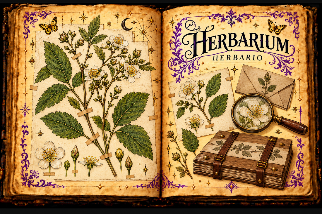 Open aged-parchment grimoire illustrating a herbarium with mounted botanical specimens, archival envelopes, a magnifying glass, a wooden plant press, purple flourishes and gold butterflies; titled Herbarium / Herbario.