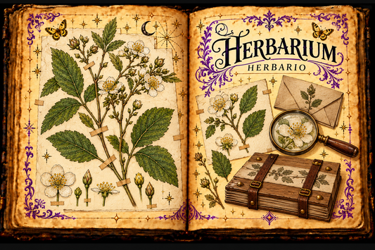 Open aged-parchment grimoire illustrating a herbarium with mounted botanical specimens, archival envelopes, a magnifying glass, a wooden plant press, purple flourishes and gold butterflies; titled Herbarium / Herbario.