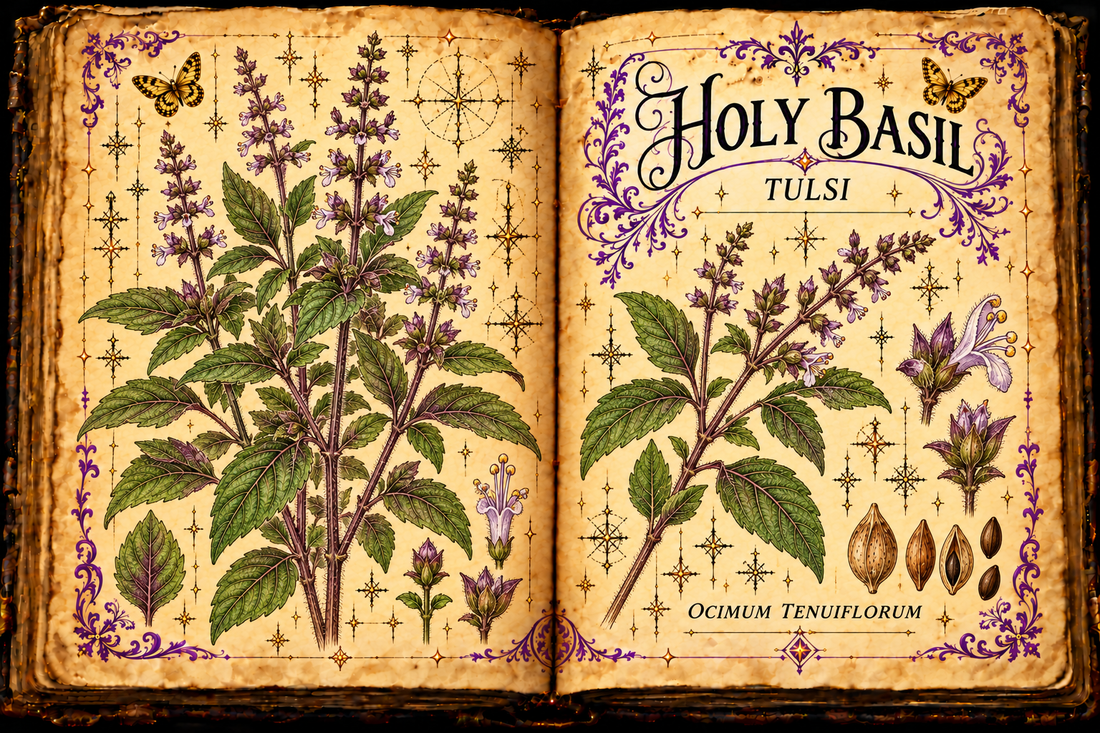 Open aged-parchment grimoire with hand-drawn Ocimum tenuiflorum, toothed leaves and purple-white flower spikes, purple flourishes and gold butterflies, titled Holy Basil and Tulsi