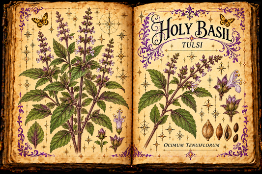Open aged-parchment grimoire with hand-drawn Ocimum tenuiflorum, toothed leaves and purple-white flower spikes, purple flourishes and gold butterflies, titled Holy Basil and Tulsi