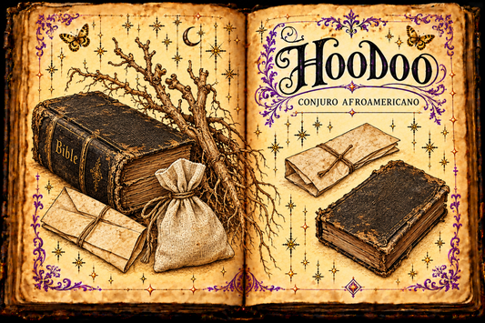Open parchment grimoire titled Hoodoo and Conjuro afroamericano, with ink-and-watercolor studies of a worn Bible, folded papers, a tied cloth bag, and a root; purple flourishes and gold butterflies.