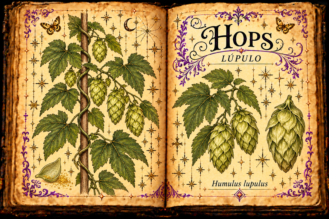 Open aged-parchment grimoire showing a Humulus lupulus bine twining around a support, lobed serrated leaves and papery green female cones, purple flourishes and gold butterflies, titled Hops and Lúpulo