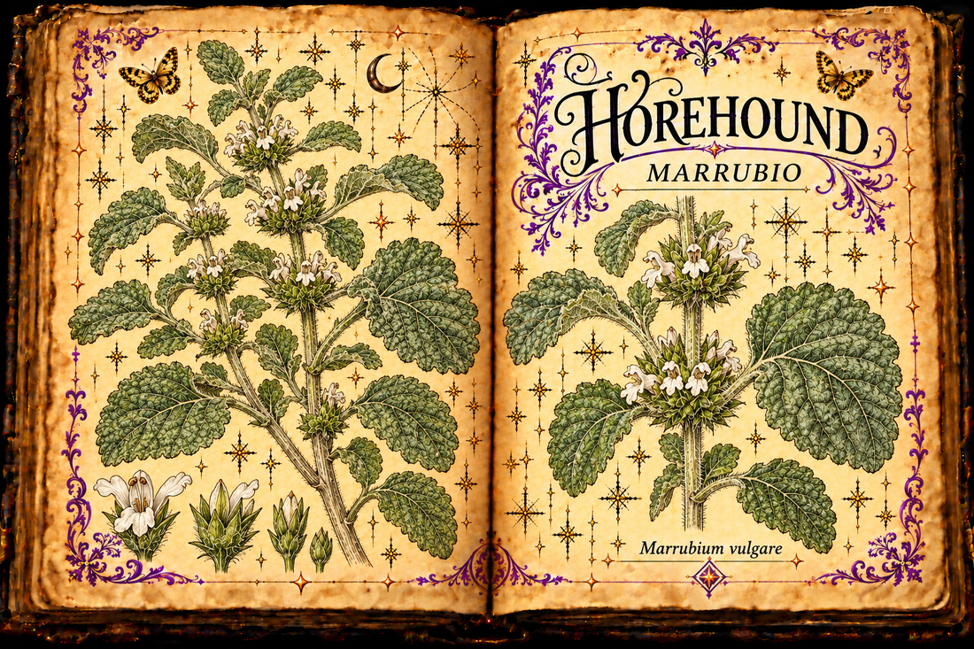 Open aged-parchment grimoire with Marrubium vulgare square hairy stems, opposite crinkled gray-green leaves and whorls of small white flowers, purple flourishes and gold butterflies, titled Horehound and Marrubio