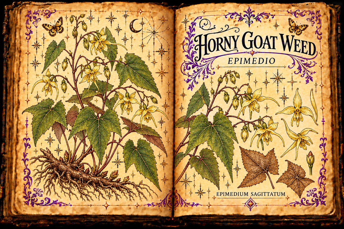 Open aged-parchment grimoire with hand-drawn Epimedium sagittatum rhizome, arrow-shaped leaves, pale yellow spurred flowers, purple flourishes and gold butterflies, titled Horny Goat Weed and Epimedio