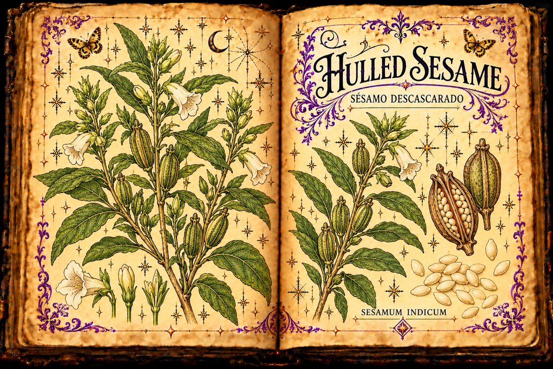 Open aged-parchment grimoire illustration of sesame plants, capsules, and pale hulled seeds, titled Hulled Sesame / Sésamo Descascarado.