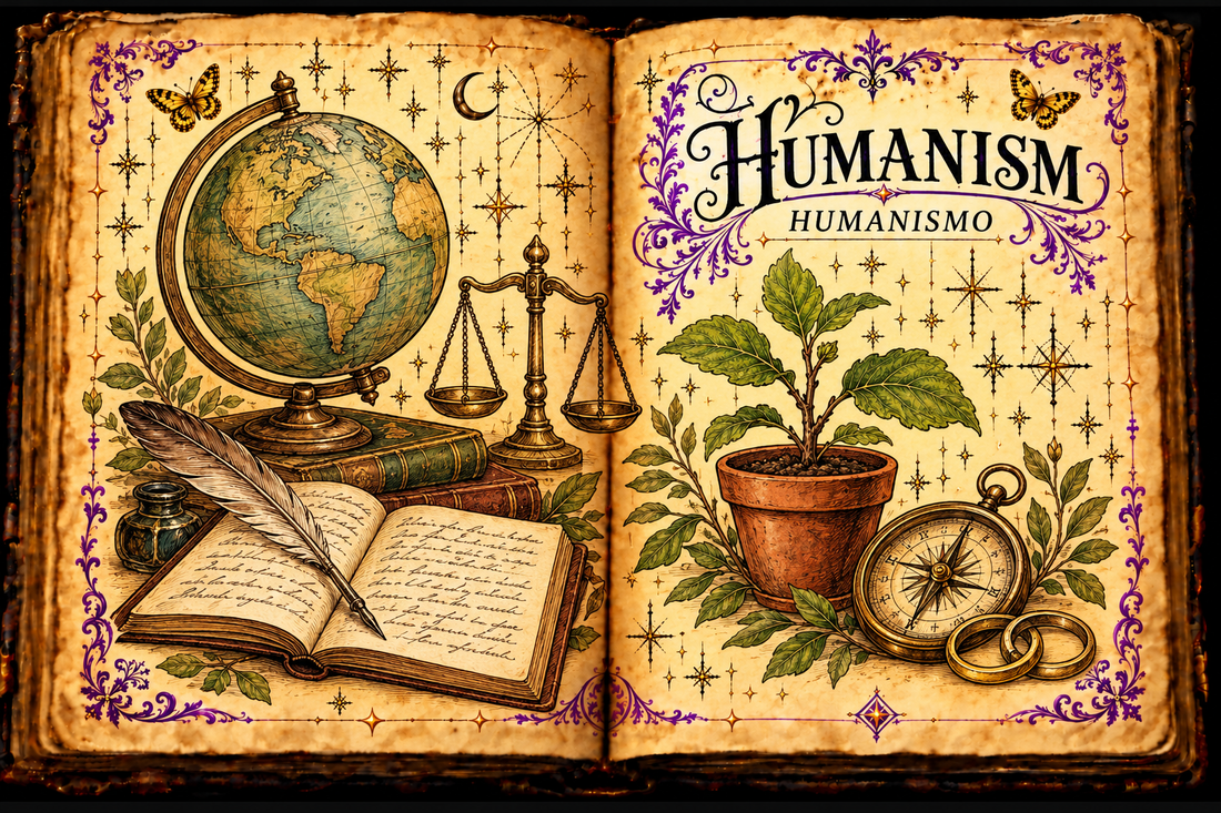 Open aged-parchment grimoire titled Humanism / Humanismo, with a globe, balanced scale, books, notebook, seedling, compass and interlocking rings in ink and muted watercolor.