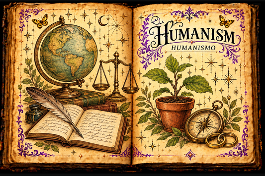 Open aged-parchment grimoire titled Humanism / Humanismo, with a globe, balanced scale, books, notebook, seedling, compass and interlocking rings in ink and muted watercolor.