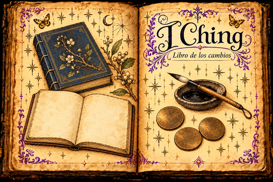 Open aged-parchment grimoire titled I Ching / Libro de los cambios, with illustrated books, a writing brush, ink dish, three plain bronze disks, purple flourishes and gold butterflies.