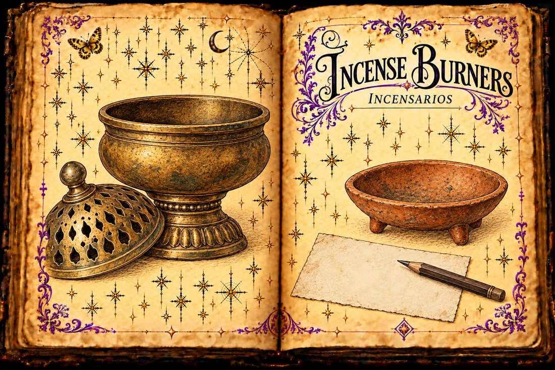 Open aged-parchment grimoire with an empty bronze censer and pierced lid, a terracotta incense dish, pencil and paper, titled Incense Burners and Incensarios with purple flourishes and gold butterflies.