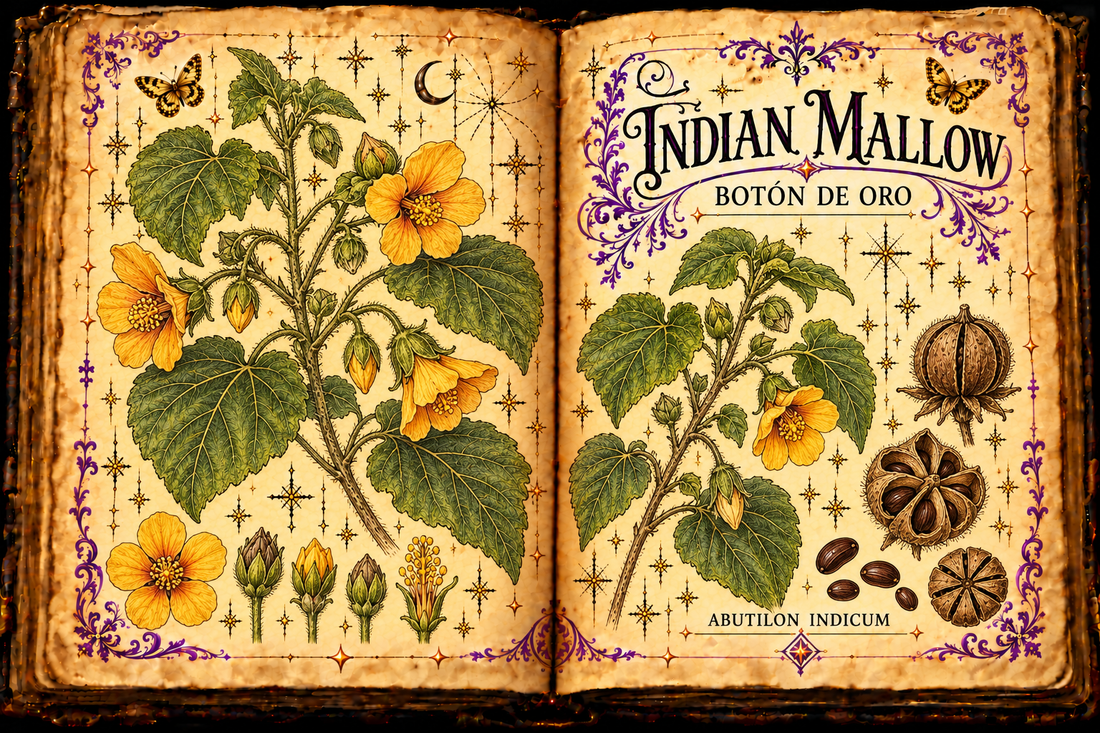 Open grimoire illustration of Indian Mallow (Abutilon indicum), also titled Botón de Oro