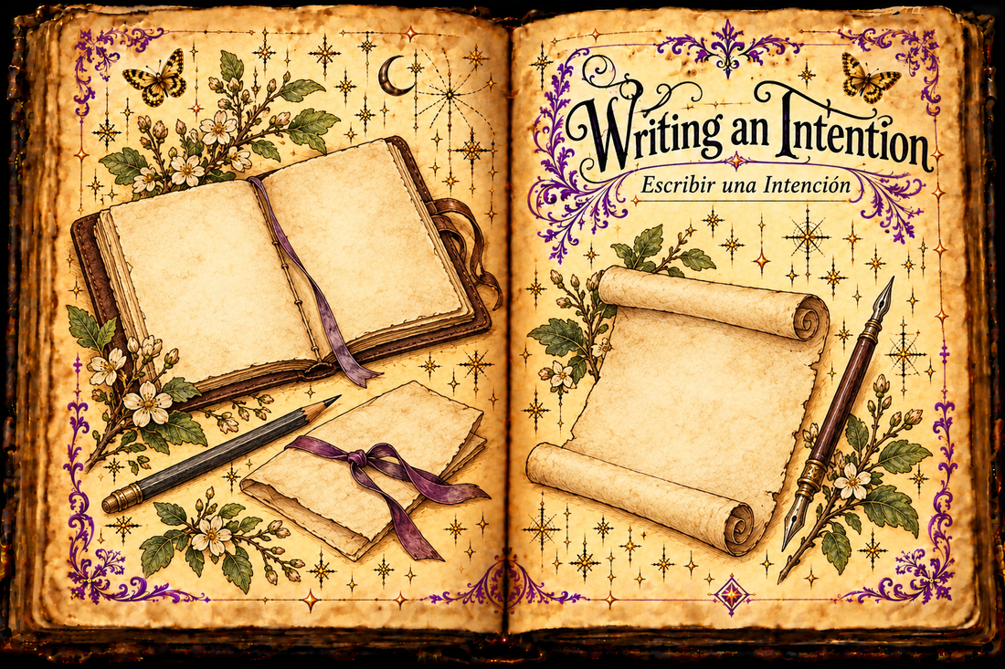 Open aged-parchment grimoire titled Writing an Intention / Escribir una Intención, with a blank journal, pencil, folded paper, purple ribbon and gold butterflies.