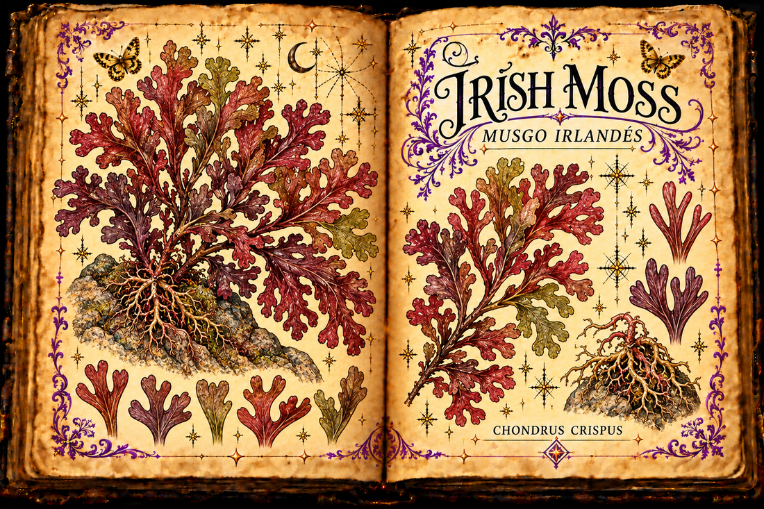 Open aged-parchment grimoire with hand-drawn Chondrus crispus red algae fronds, forked tips, rocky holdfast, purple flourishes and gold butterflies, titled Irish Moss and Musgo Irlandés