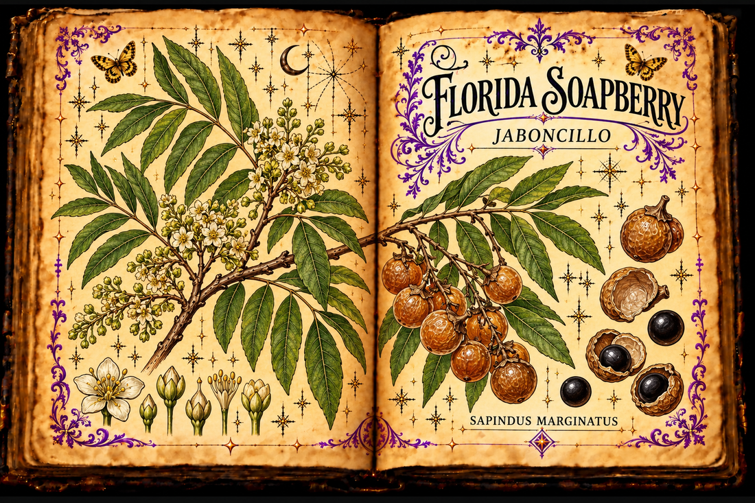 Open aged grimoire botanical illustration of Sapindus marginatus, with pinnate leaves, pale flowers, amber soapberries and glossy black seeds