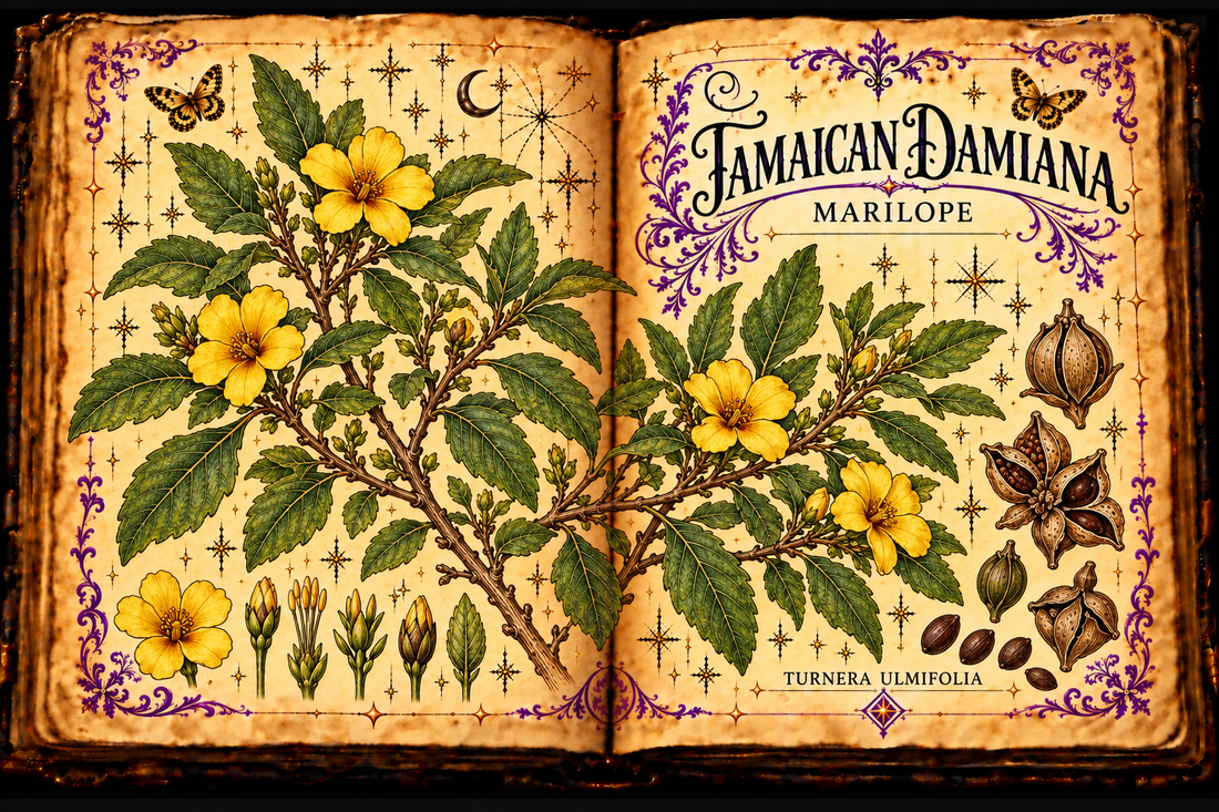 Open aged-parchment grimoire with hand-drawn Turnera ulmifolia branches, toothed leaves, yellow flowers and seed capsules, purple flourishes and gold butterflies, titled Jamaican Damiana and Marilope