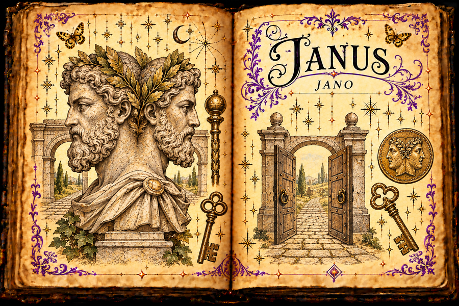 Open aged grimoire showing a two-faced Janus bust, Roman gateways, keys and staff, and a two-faced coin, with English and Spanish titles.