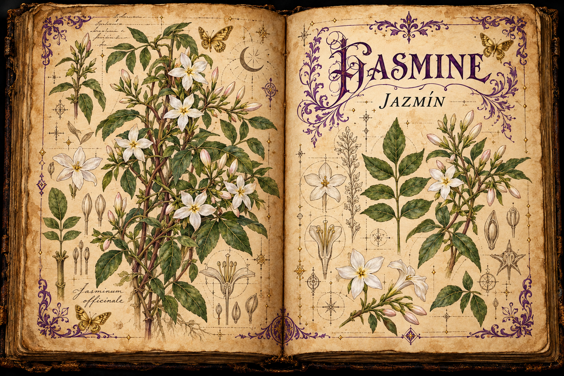 Open aged-parchment grimoire with hand-drawn Jasminum officinale vines, white star-shaped flowers, purple flourishes, and gold butterflies, titled Jasmine and Jazmín