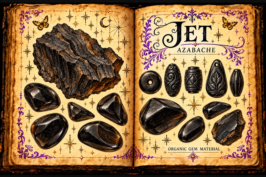 Open aged grimoire illustration of Jet / Azabache with raw organic gem material, polished stones, and carved beads