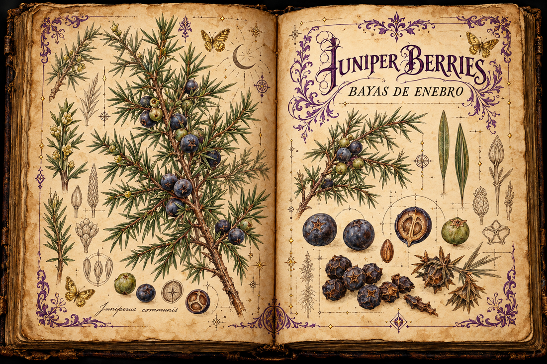 Open aged-parchment grimoire with hand-drawn Juniperus communis branches, blue-black berry-like cones, purple flourishes, and gold butterflies, titled Juniper Berries and Bayas de Enebro