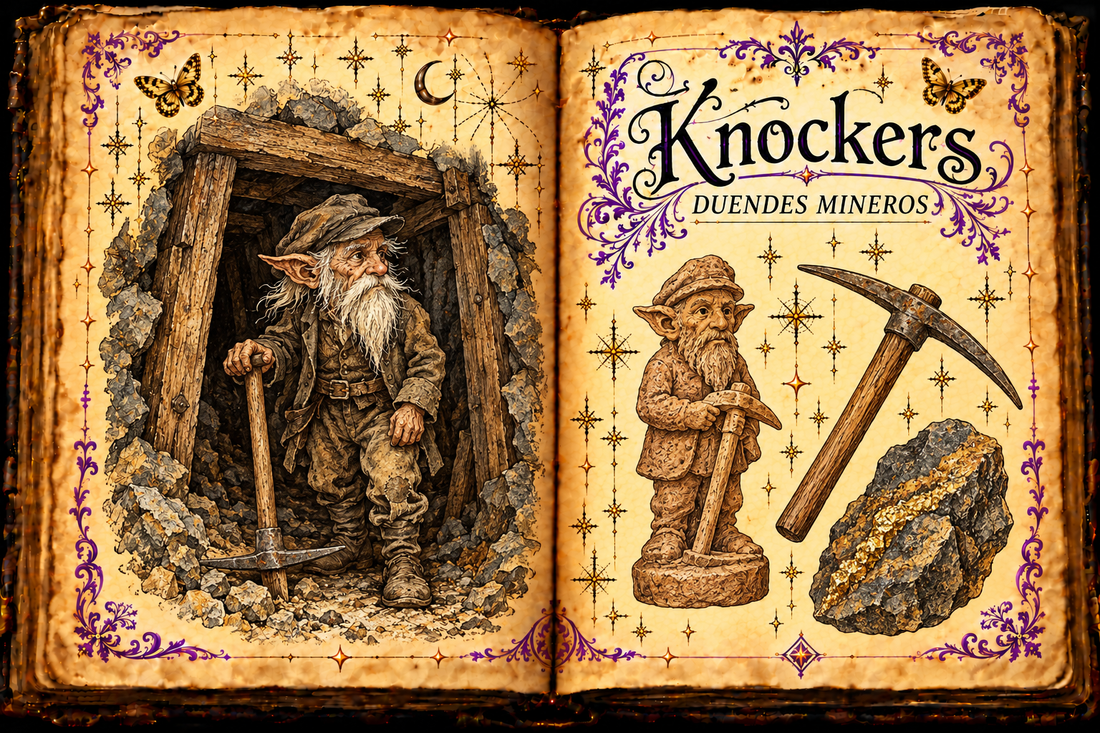 Open parchment grimoire showing an imagined Cornish mining spirit, timbered passage, pick and small miner figurine; English and Spanish titles.