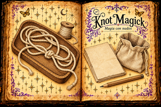 Open aged-parchment grimoire showing knotted cotton cord on a wooden tray, a spool, paper, pencil and cloth pouch, titled Knot Magick / Magia con nudos.