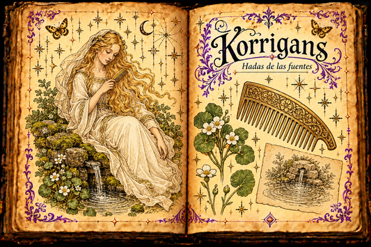 Open aged grimoire showing a long-haired Breton spring fairy holding a golden comb, with fountain and comb studies, titled Korrigans / Hadas de las fuentes.
