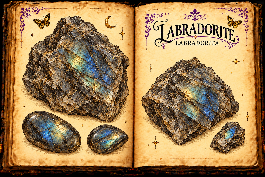 Open aged-parchment grimoire with ink and watercolor studies of gray labradorite rough and tumbled stones showing restrained blue-green flashes, titled Labradorite and Labradorita.