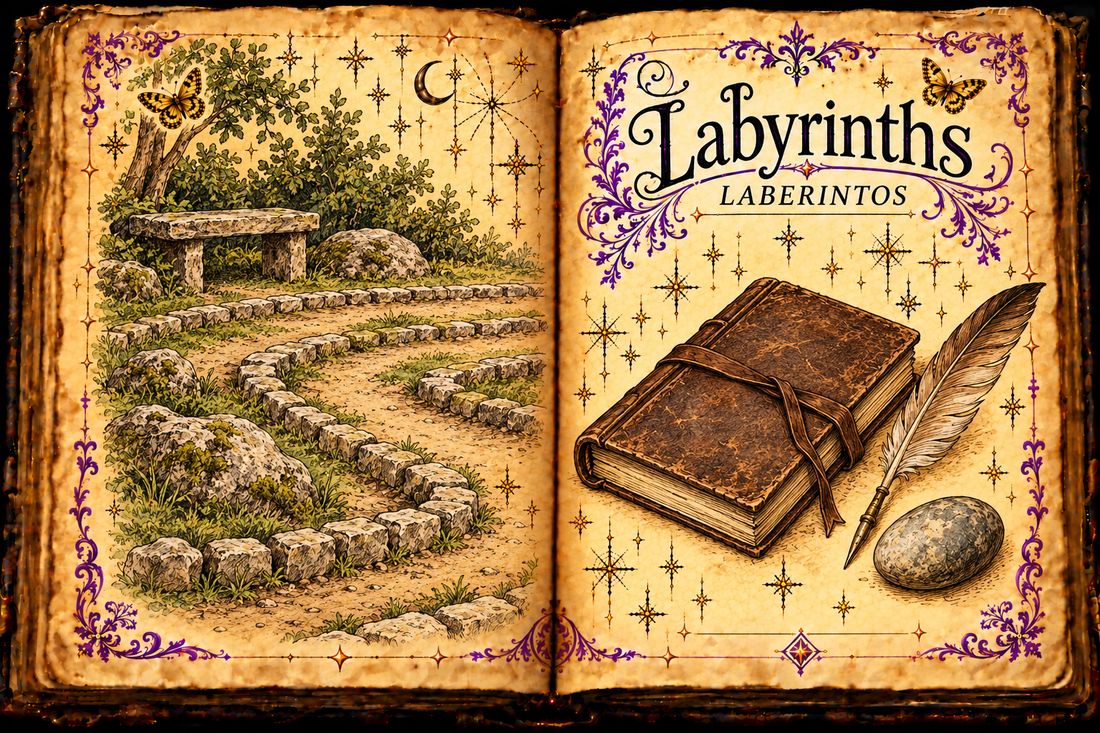 An open aged-parchment grimoire with a curving stone-bordered garden path and bench, a journal, quill and smooth stone, titled Labyrinths / Laberintos.