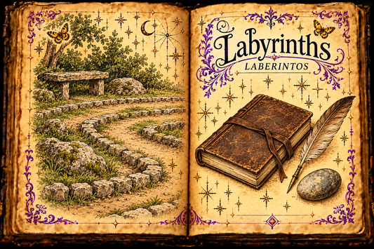 An open aged-parchment grimoire with a curving stone-bordered garden path and bench, a journal, quill and smooth stone, titled Labyrinths / Laberintos.