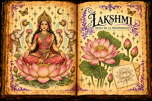 Open parchment grimoire illustration of Lakshmi seated on a lotus with four arms and two elephants, beside lotus and paper blessing studies; titled Lakshmi / Diosa de la prosperidad.