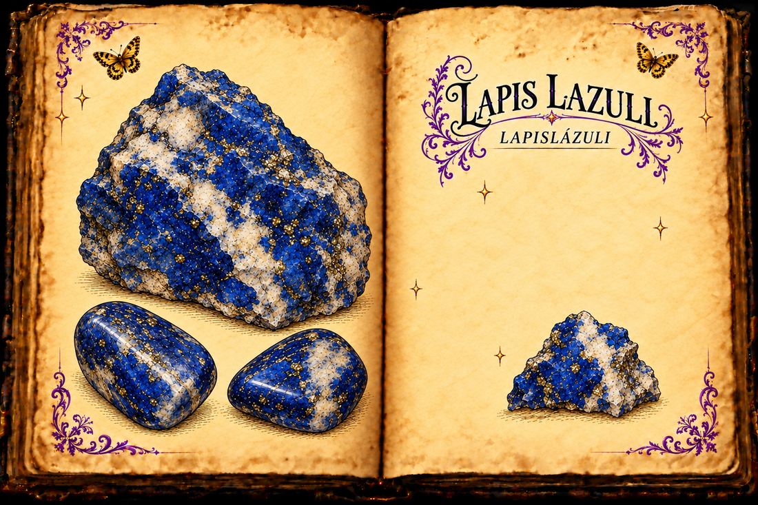 Open aged-parchment grimoire with ink and watercolor studies of royal-blue lapis lazuli rough and tumbled stones with white calcite and small golden pyrite flecks, titled Lapis Lazuli and Lapislázuli.