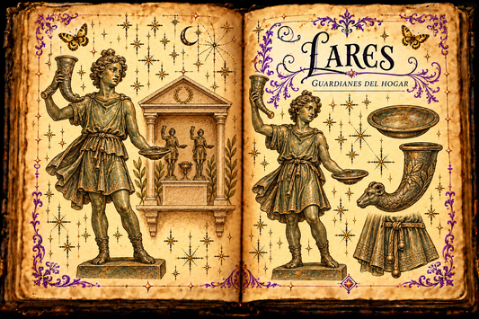 Open aged grimoire titled Lares / Guardianes del hogar, with Roman household-god figures, a shrine, offering horn and dish, purple flourishes and gold butterflies.