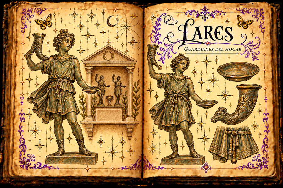 Open aged grimoire titled Lares / Guardianes del hogar, with Roman household-god figures, a shrine, offering horn and dish, purple flourishes and gold butterflies.