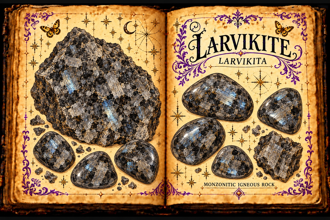 Open aged grimoire illustration of Larvikite / Larvikita with blue-silver feldspar flashes in rough and polished stone