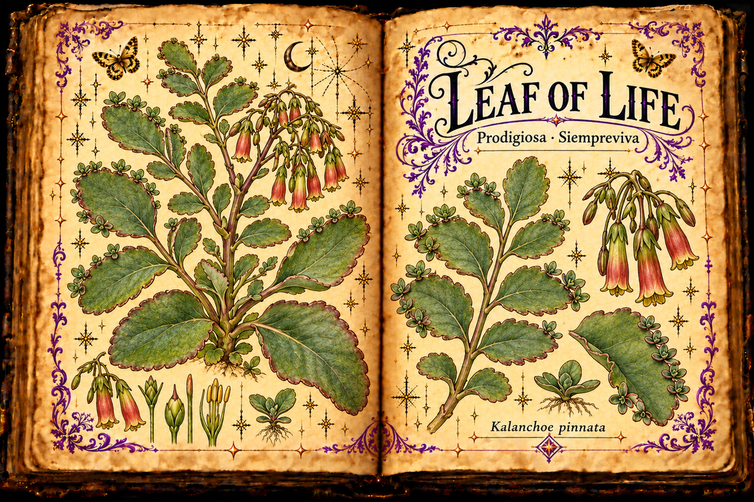 Open aged-parchment grimoire botanical study of Leaf of Life (Prodigiosa and Siempreviva), Kalanchoe pinnata, with plantlets and pendant flowers.