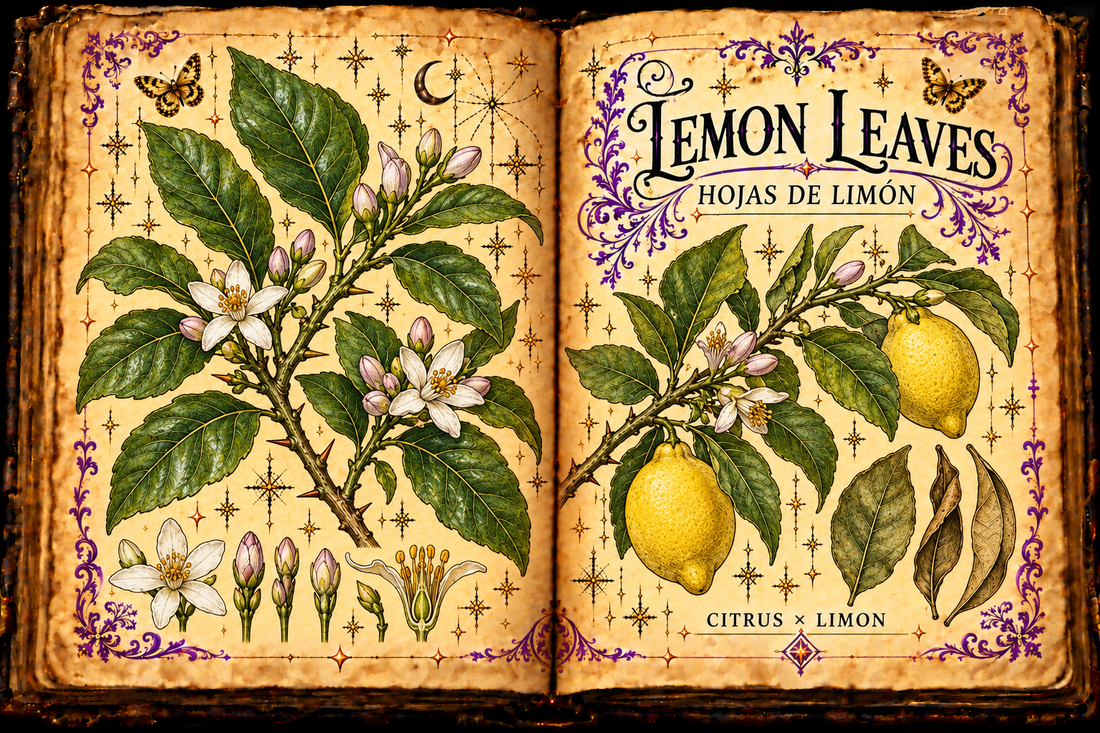 Open aged-parchment grimoire with hand-drawn Citrus × limon leaves, white flowers, yellow lemons, dried leaf studies, purple flourishes and gold butterflies, titled Lemon Leaves and Hojas de Limón