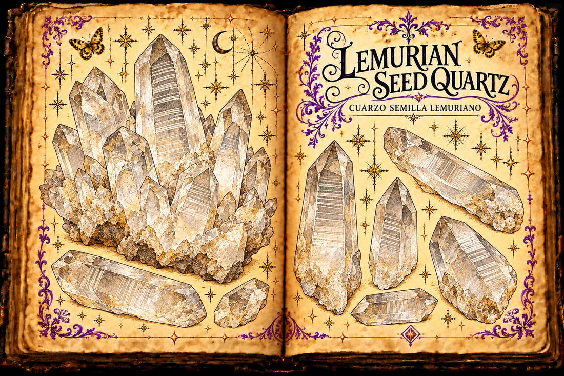 Open aged-parchment grimoire with ink and watercolor studies of striated clear Lemurian Seed Quartz points, titled Lemurian Seed Quartz and Cuarzo Semilla Lemuriano.