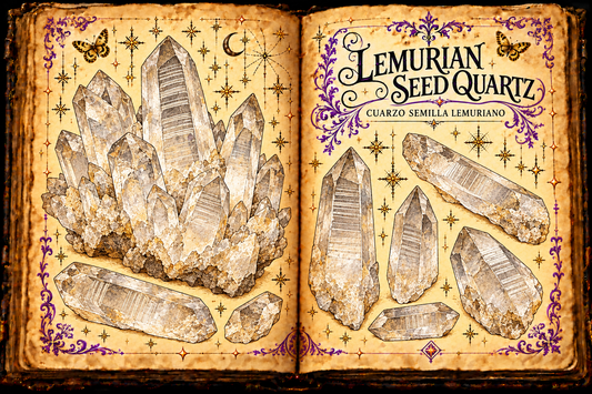 Open aged-parchment grimoire with ink and watercolor studies of striated clear Lemurian Seed Quartz points, titled Lemurian Seed Quartz and Cuarzo Semilla Lemuriano.