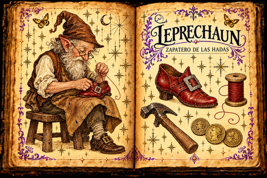 Open aged-parchment grimoire illustrating a fairy shoemaker stitching a red shoe, with a spool, hammer and coins, titled Leprechaun / Zapatero de las hadas.