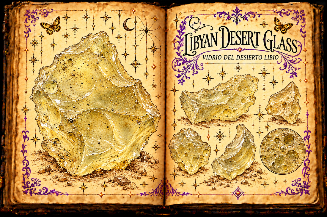 Open aged-parchment grimoire illustration of translucent golden Libyan Desert Glass fragments with weathered pitted surfaces, titled in English and Spanish