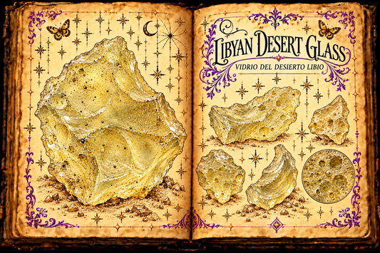 Open aged-parchment grimoire illustration of translucent golden Libyan Desert Glass fragments with weathered pitted surfaces, titled in English and Spanish