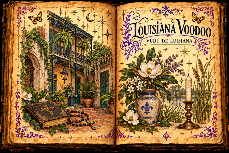 Open parchment grimoire titled Louisiana Voodoo / Vudú de Luisiana, with a New Orleans courtyard, prayer book, rosary, flowers and unlit candle.